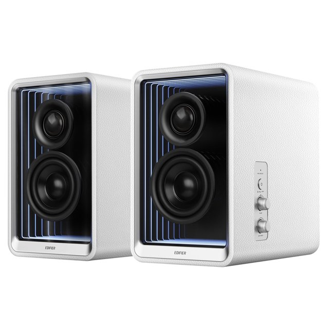 Edifier QR65 Haut-Parleurs de Moniteur Actifs avec Fonction de Charge Rapide GaN 65W, Haut-Parleurs d'Ordinateur Bluetooth 70W RMS avec Audio Sans Fil 24bit Haute Résolution, Sortie Caisson de Basses et Effets Lumineux (Blanc)