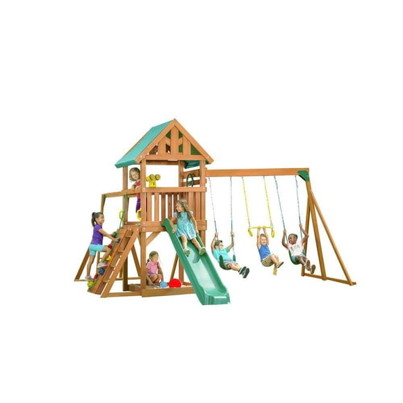 Creative Cedar Designs Ensemble de jeu en bois Mountain View avec mur de roche, toboggan et balançoires (multicolore et vert)