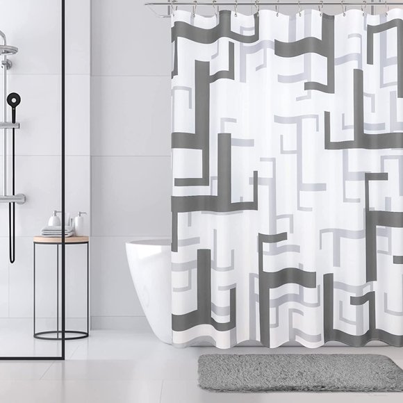 Rideaux de Douche d'Hôtel Gris et Blanc pour Salle de Bain, Géométriques Modernes, Gris Pâle et Blanc, Ensemble de Rideau de Douche avec Crochets, Rideau de Douche en Tissu Gris Argent Pâle, Texture Flammée, Hydrofuge, Lavable 72x72