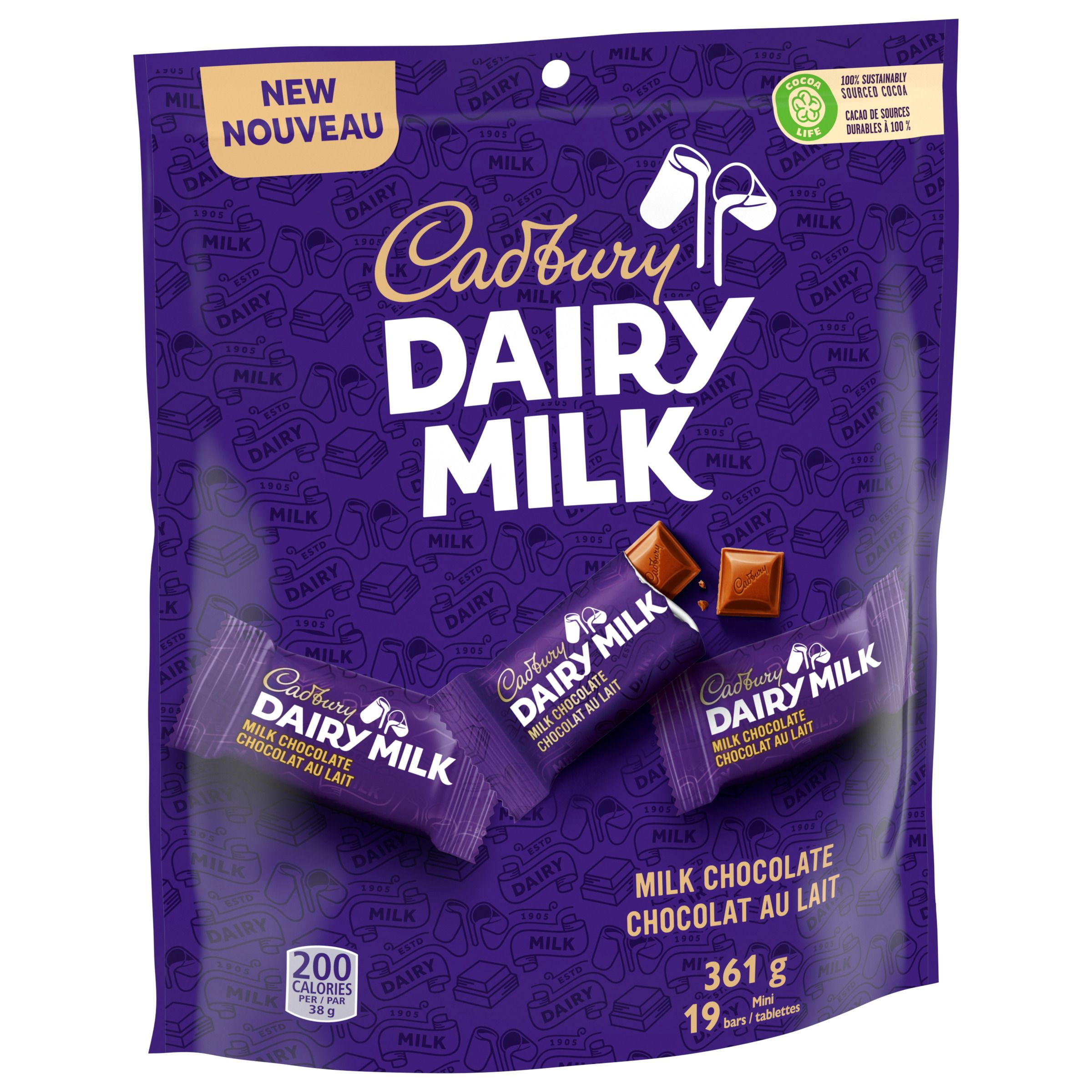 CADBURY DAIRY MILK, tablettes de chocolat au lait, sac de 8 mini-tablettes de chocolat de 18 g, mini-tablettes de chocolat au lait CADBURY, mini-barres de chocolat CADBURY, 144 g