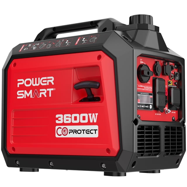 PowerSmart Portable Gas Powered Generator 3600W with CO Detect and USB output. Features a compact suitcase design in red and black with a sturdy handle for portability. Includes two 120V AC outlets, one 12V DC outlet, and supports parallel operation for increased power. Powered by a 149cc 4-stroke OHV engine, it operates at 70 dB from 23 feet and runs up to 4.5 hours at 50% load. Ideal for camping, RVs, and home use.