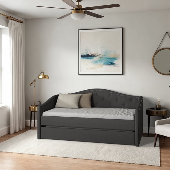 CorLiving Everly Twin Size Upholstered Tufted Day Bed with Trundle and Nailhead Trim Design - Space Saving Bed, Variety of Colors