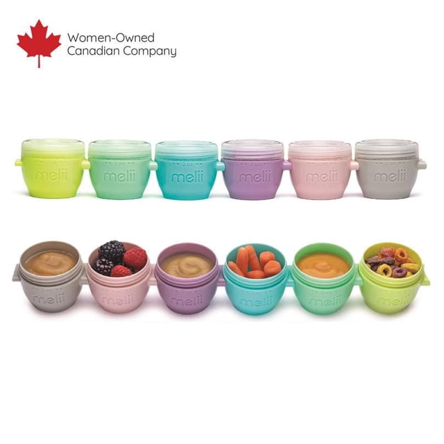 melii Click & Go Pods Contenants de Congélation pour Aliments pour Bébé et Contenants à Collation - Ensemble de 6, 2 Oz, Présentés dans une Vue Orientée vers l'Avant avec six Pods pastel Multicolores en Vert, Sarcelle, Violet, Rose et Gris. la Rangée du Haut Affiche des Pods Fermés, la Rangée du Bas Montre des Contenants Ouverts Remplis de Purées pour Aliments pour Bébé, de Baies, de Carottes et de Céréales. Ces Contenants Hermétiques Sans BPA Se Fixent à l'Horizontale et Se Superposent Verticalement pour le Congélateur et le Micro-Ondes