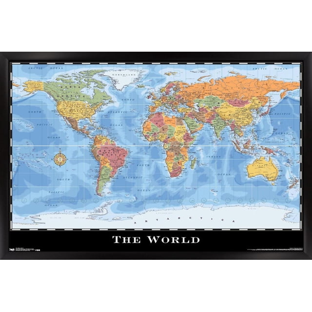 Map - World Wall Poster, 22.375" x 34" displaying a detailed political world map with countries in various colors labeled with country names and major cities, surrounded by blue oceans named accordingly, framed in black with a black bottom border featuring the title 'THE WORLD' in white uppercase letters, printed on glossy poster paper ideal for home, office, or classroom wall décor.