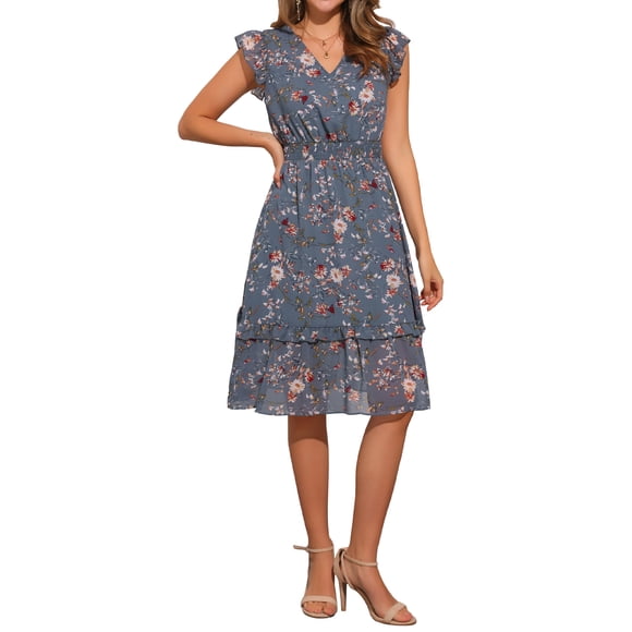 INSPIRE CHIC Women's Dress Floral Flutter Sleeves V Neck Smocked Ruffle Casual Dresses Blue Gray M
