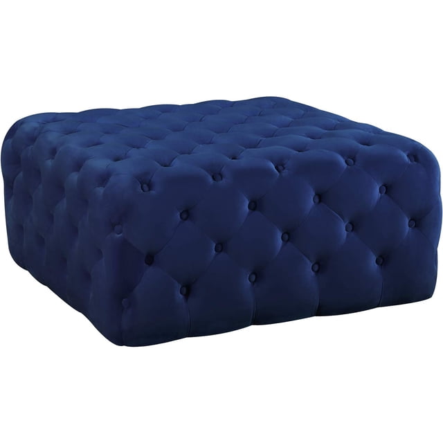 Meridian Furniture Ariel Collection Modern | Contemporary Navy Velvet Upholstered Ottoman/Bench with Deep Button Tufting, Solid Wood Frame, Square,