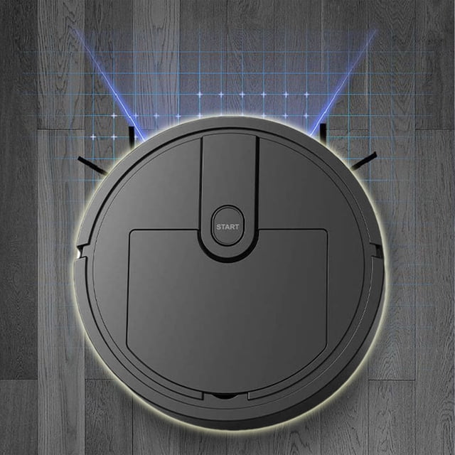Wzzjkit Robot Vacuum Automatic Sweeping Machine, a three-in-one intelligent cleaning device for sweeping, vacuuming, and mopping. The sleek black robot vacuum is displayed on a hardwood floor with blue grid lines representing its advanced sensing technology for mapping cleaning paths and avoiding obstacles.