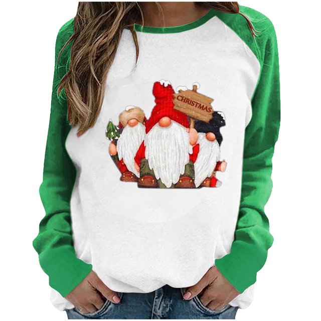 RKSTN Chandail pour Femmes de Noël à Col Rond, Chandail Imprimé du Père Noël, Manches Longues, Blouse Régulière à Empiècements