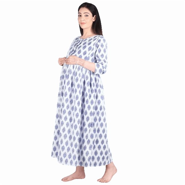 DWEEP SARA Robe de Maternité Blanche et Bleue à Blocs Imprimés, TTG/44