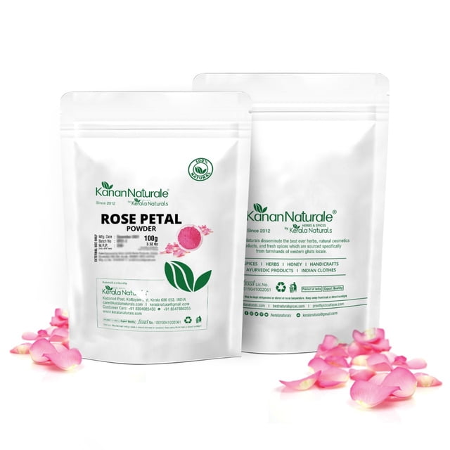 Kerala Naturals Rose Petal Powder in 100g resealable pouches, designed with a clean white background and green and pink accents. The packaging emphasizes its natural and organic benefits for body care, including cleansing, exfoliation, and hydration. Scattered rose petals enhance the visual appeal.