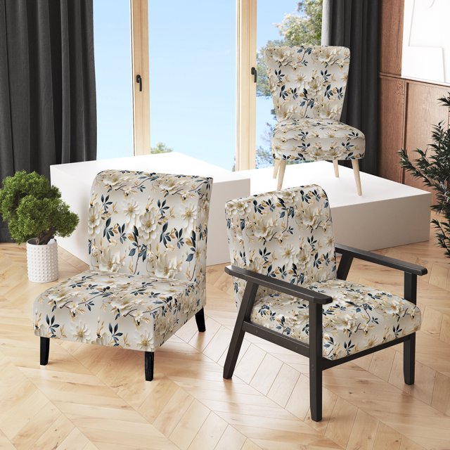 Designart « Pure White Floral Minimalism » Fauteuil d'Appoint Rembourré à Motif Floral Blanc - Fauteuil de Style Cottage pour Salon