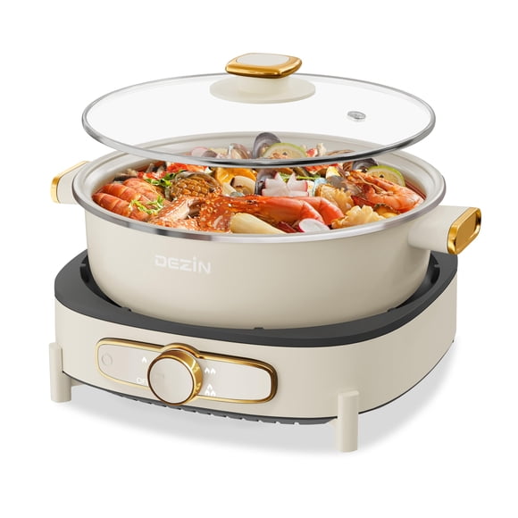 Dezin Electric Shabu Shabu Pot with Removable Pot, 4L Electric Non-Stick Pot with Multi-Power Control, 3.7" Depth Electric Cooker with Tempered Glass