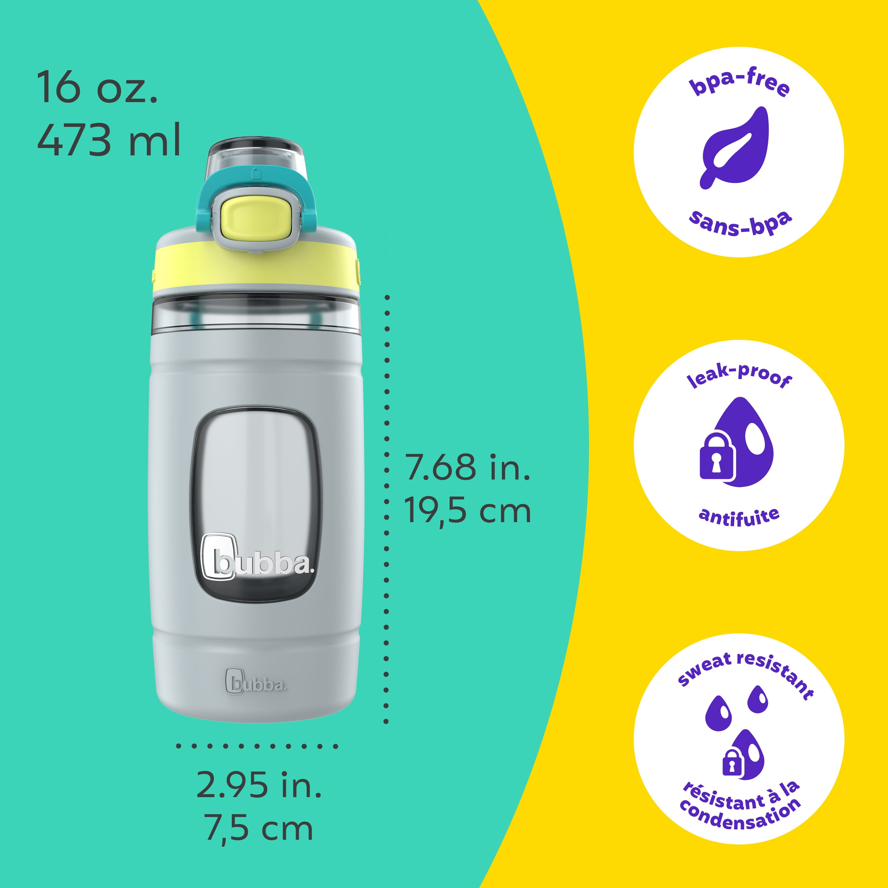 bubba Kids Flo Water Bottle, 16 oz (473 ml), Wide Mouth, Silicone Sleeve, Push Button Lid