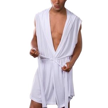Workhe Men Summer Bathrobe Silky Hooded Sleeveless Bathrobe Sleepwear Men's Bathrobe Pajamas