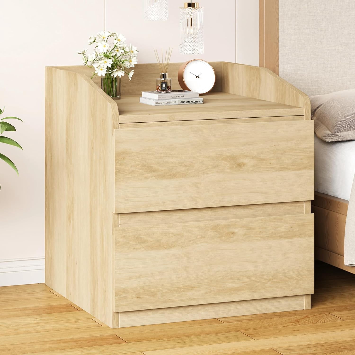 Modern 2-Drawer Nightstand, Wooden Storage Bedside Table Wide End Table with Handles for Bedroom Living Room