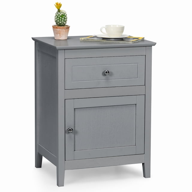 Costway Nightstand with Drawer Accent Side End Table Storage Cabinet Grey