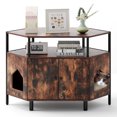 thumbnail image 1 of Gymax Corner Cat Litter Box Enclosure End Table w/ Open Shelf 2 Entries Double Doors Rustic Brown, 1 of 10