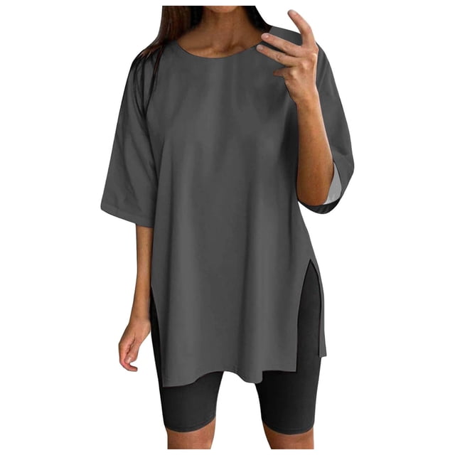 WEIYLL Womens T Shirts Oversize Sports Summer Solid Tunic Loose With Slits Grey Tee Sizes M
