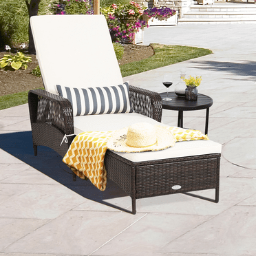 Gymax Rattan Patio Lounge Chair Chaise w/ Adjustable Backrest Cushion & Pillow