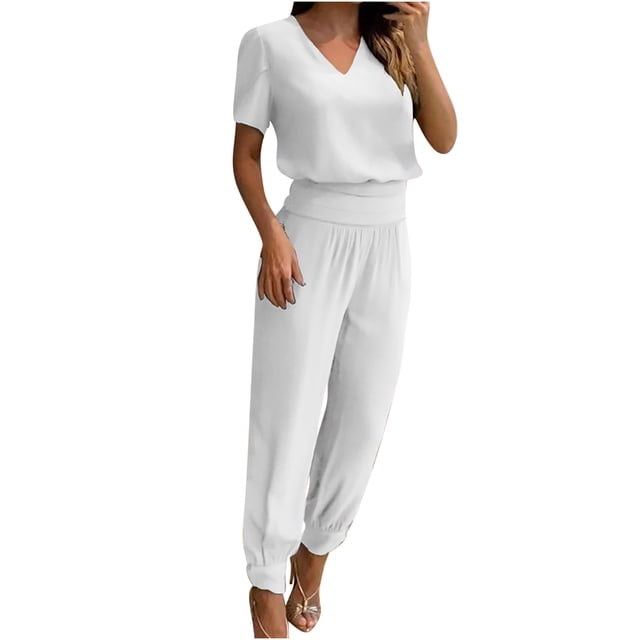 Mikilon Ensemble Stylé pour Femmes 2 Pcs Mode Col Rond Couleur Unie T-Shirt à Manches Courtes + Pantalon Ample à Poches Ensemble Blanc G