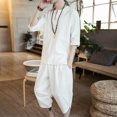 thumbnail image 2 of Two Piece Pants Sets Mens Two Piece Solid Cotton Linen 3/4 Sleeve V Neck Tops and Shorts Set, 2 of 10