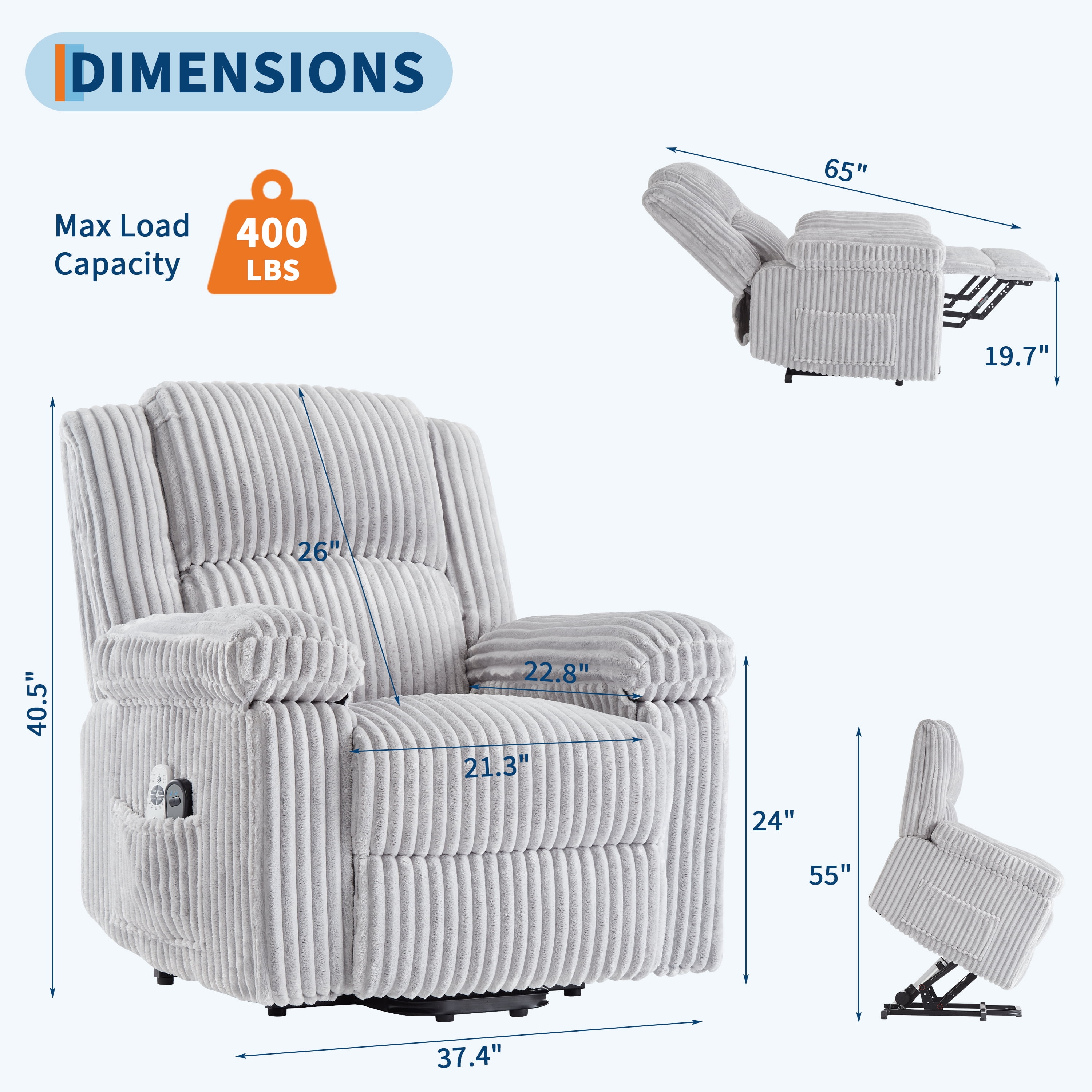 Zzistar Power Lift Recliner Chair - Heat and Massage, Electric Lift Plush Recliner with Soft Padded Seat for The Elderly and People