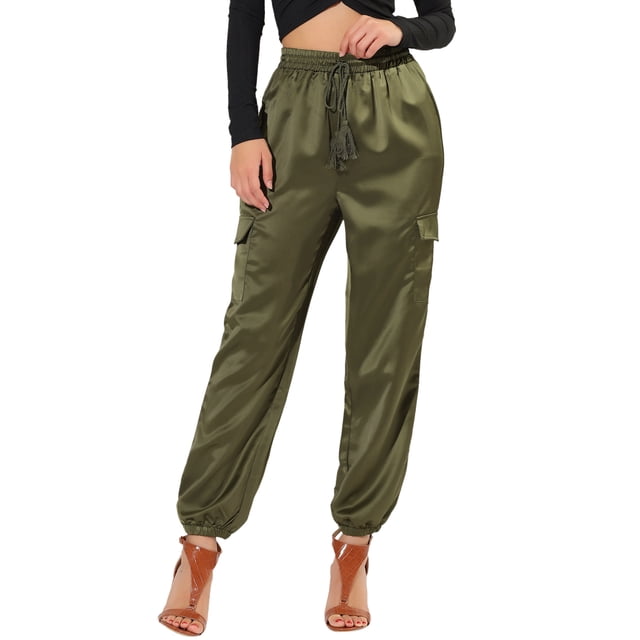 Unique Bargains Women's Drawstring Elastic High Rise Silky Satin Cargo Pants