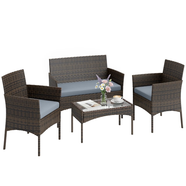 Outsunny Ensemble de Mobilier de Patio en Osier 4 Pcs avec Causeuse 2 Chaises Gris