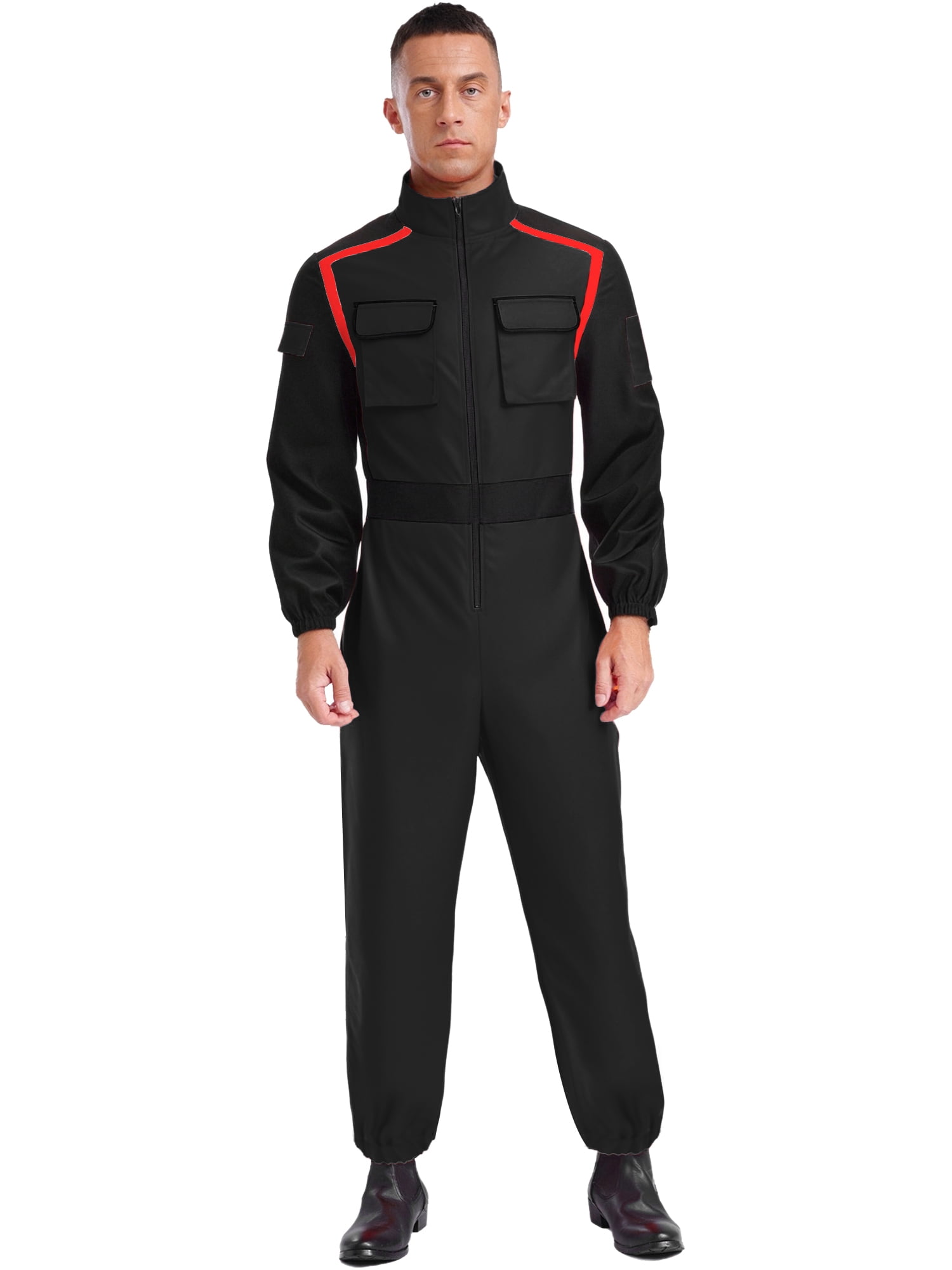 Oyolan Men Racer Jumpsuit Racing Car Driver Costume Long Sleeve Zipper Mechanic Coveralls with Pockets Black L