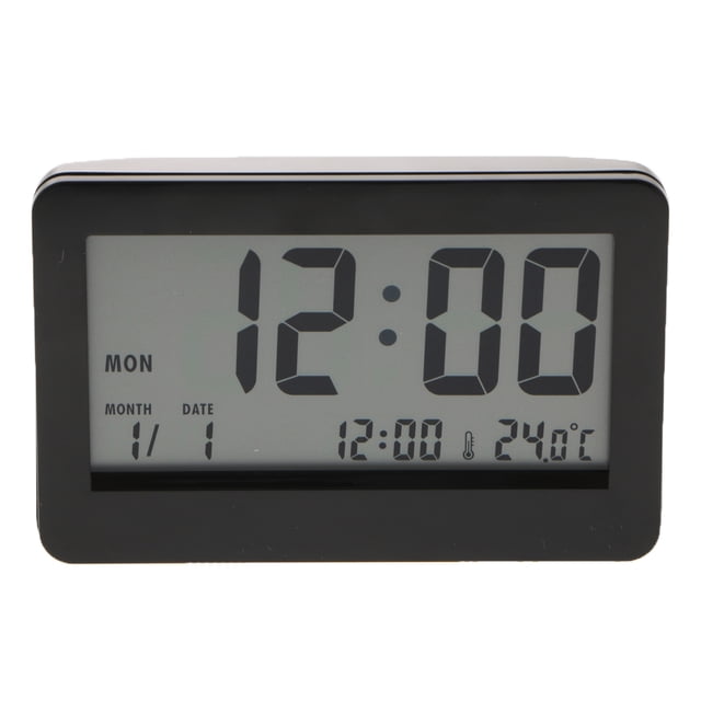 DOLITY Large Digital LCD Calendar Alarm Clock in black with a large display showing time, date, day, and temperature. Features include snooze function, white backlight, and quiet operation, ideal for living rooms, offices, bedrooms, and study desks.