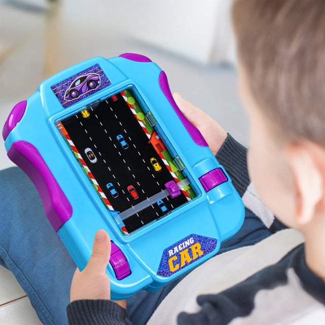 Meitianfacai Boy's Gift Funny Mobile Adventure Racing Game Machine Simulation Racing Challenge Children's Puzzle Board Game, Blue. A child holding a compact blue and purple plastic racing game console with a vibrant racing track design on the screen. The console features interactive buttons for controlling the cars, enhancing hand-eye coordination and reaction speed. Designed with bright colours and safe, durable materials, it is ideal for children's play and parent-child interaction.