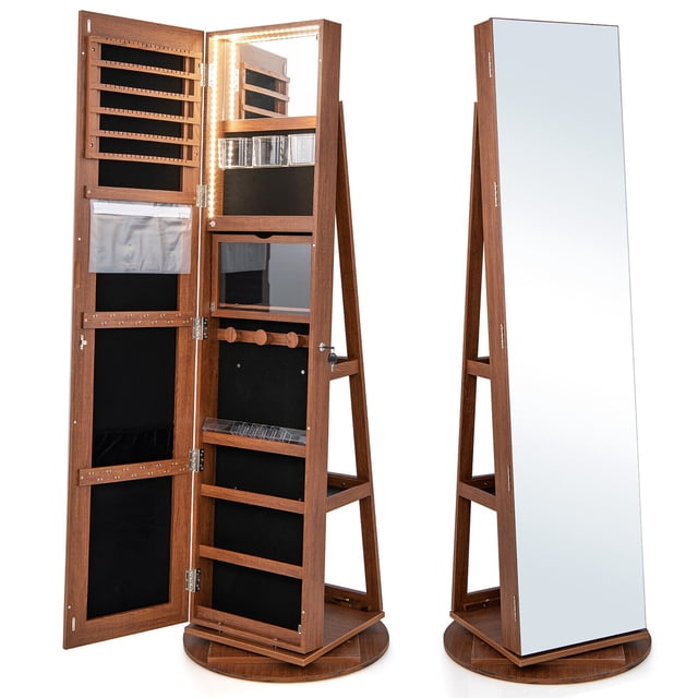 Gymax Armoire à Bijoux Miroir Rotative à 360° en Brun, Conçue avec un Miroir Pleine Longueur, un Intérieur à DEL Éclairé et un Espace de Rangement Classifié avec des Crochets, des Fentes et des Compartiments pour Organiser Bijoux et Cosmétiques. Comprend des Étagères de Rangement Arrière, une table Pliante en Acrylique pour Outils de Maquillage et une Porte Verrouillable pour la Sécurité. l'Armoire Autoportante Maximise l'Efficacité de l'Espace avec Sa base Rotative à 360°