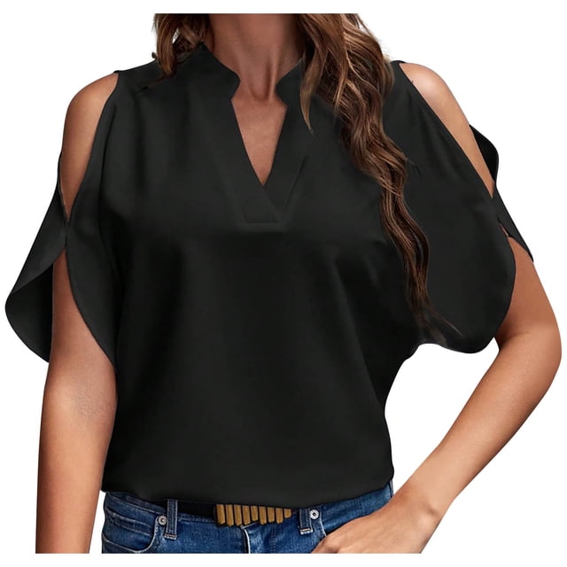 FAIWAD Summer Tops for Women Off The Shoulder V Neck Shirts Solid Color Going Out Blouses