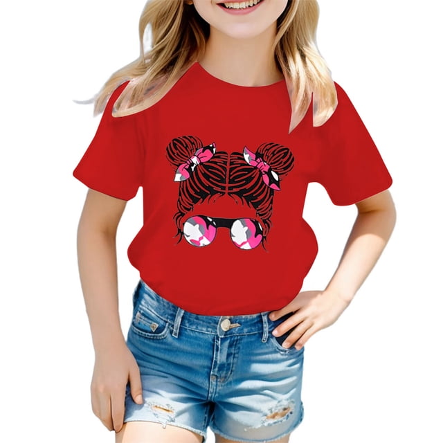 LUOGENLI T-Shirt pour Filles Enfant Filles Mignon Imprimé Graphique Col Rond Manche Courte Tee Été Décontracté Chemise Hauts Chemises pour Filles Longueur Genou Fluide Rouge 3-4 Ans