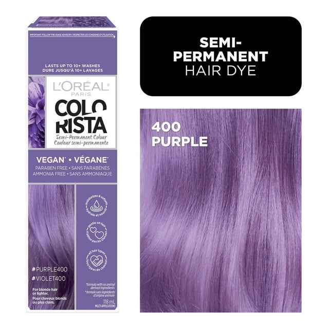 Oréal Paris Colorista L' Coloration Semi-Permanente des Cheveux en 400 Teintes Violettes, Montrant la Boîte du Produit avec des Étiquettes Véganes, Sans Parabènes et Sans Ammoniaque, et un Gros Plan de Brins de Cheveux Violets Représentant la Teinture Semi-Permanente Idéale pour Cheveux Blonds Ou Plus Clairs.