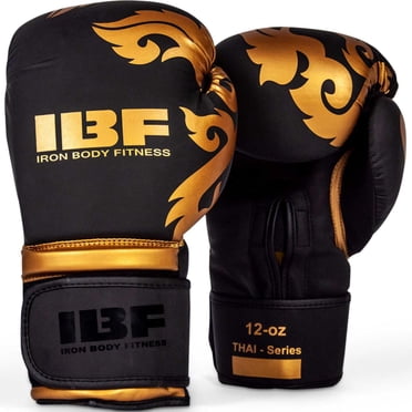 IBF Iron Body Fitness Thai Series Boxing Gloves, 12 oz, Synthetic Leather Training Gloves, Black and Gold