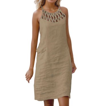 JIRNDf Robes Maxi d'Été pour Femmes Tendance à Fleurs Ajourées Col Plage Vacances Robe Ligne Robes d'Été pour Femmes Robe Bohème Kaki TG