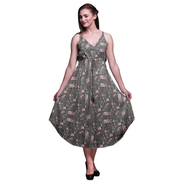 Bimba Robe Midi d'Été à Imprimé Floral pour Femme à Col en V Tenue de Villégiature de Vacances-Moyen