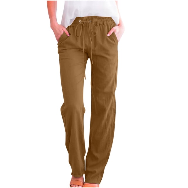 Timegard Womens Cotton Linen Pants Elastic Waisted Drawstring Straight Leg Solid Color Casual Pants