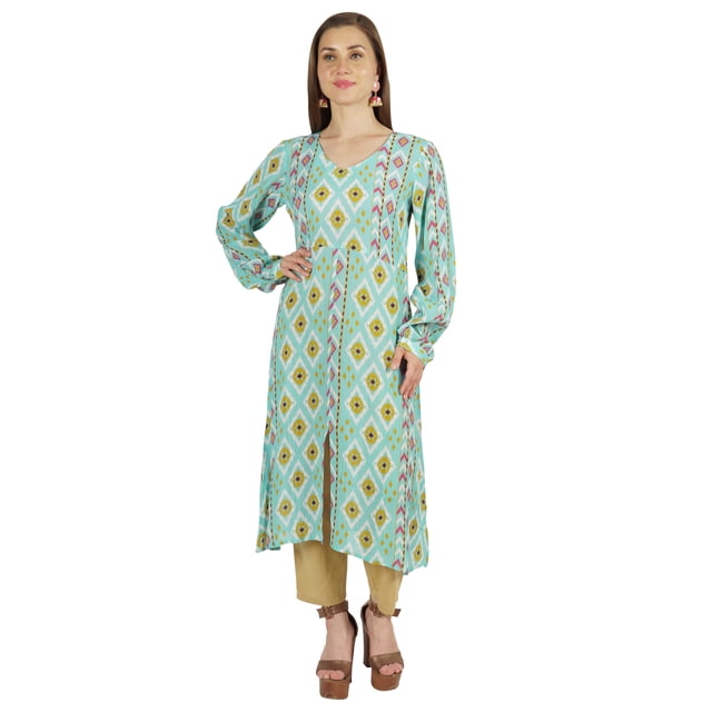 Moomaya Kurti Ligne A à Manches Longues Imprimées pour Femmes, Rayonne Froissée, Blouse Ethnique Indienne de Designer