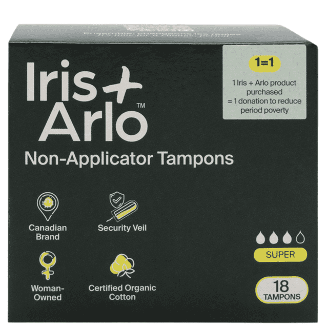 Iris + Arlo Organic Tampons, 100% Cotton | Super (18 Count) Non-Applicator. The packaging displays a black box with white text and yellow highlights, emphasizing features like being a Canadian brand, woman-owned, and made with certified organic cotton. It also promotes a 1=1 donation program to combat period poverty. These super absorbency tampons are biodegradable, non-toxic, and free from chemicals, plastics, and fragrances.