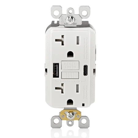 Leviton 20A SmartlockPro Self-Test GFCI Combination with Type A & Type-C USB in-Wall, USB Charger for Smartphones and Tablets, GUAC2-W