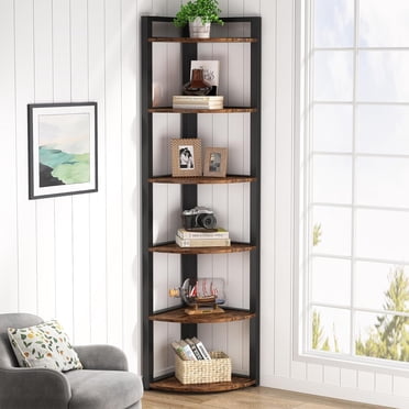Tribesigns Modern 6 Tier Corner Shelf with storage, 70.9" Tall Wood Bookshelf for Home Office, Brown