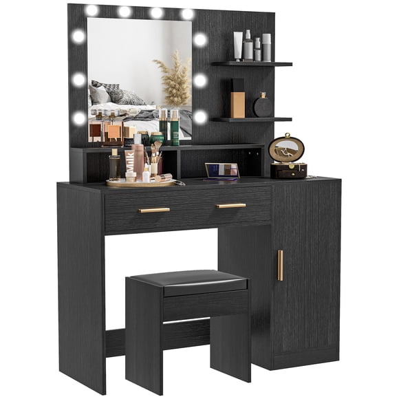 HOMCOM Ensemble de Coiffeuse, Table de Maquillage avec Tabouret, Miroir à DEL et Rangement
