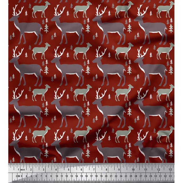 Soimoi Red polyester Crepe Fabric Deer Animal Print Sewing Fabric Yard 42 Inch Wide