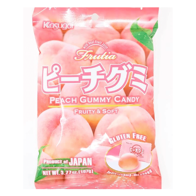 KASUGAI Peach Gummy Candy in a pink package featuring soft, chewy peach-flavored gummies with a fruity aroma. The gluten-free candy is a product of Japan, weighing 3.77 oz (107 g), often enjoyed as a sweet snack or added to desserts.
