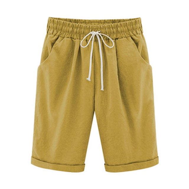 Pisexur Womens Shorts Cotton Linen Drawstring Solid Color Gym Workout Shorts Summer Comfy Elastic Waisted Shorts Plus Size Lounge Shorts Casual Beach Knee Length Shorts with Pockets,S-6XL