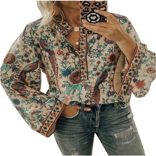 Hauts Amples Décontractés Boho à Manches Longues pour Femmes, Tunique Hippie Gitane pour Dames, Chemisier
