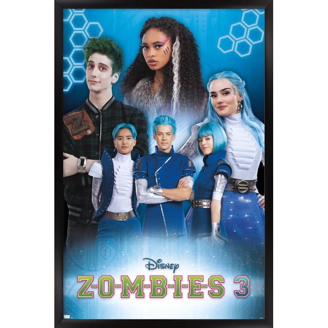 Disney Zombies 3 - Affiche Murale de Groupe avec Punaises, 22,375 Po x 34 Po Présentant six Personnages en costumes Futuristes Bleu et Blanc avec Manches Métalliques Argentées et Accessoires, sur Fond Bleu avec Motifs Hexagonaux. le logo Disney et le Titre « Zombies 3 » Apparaissent en Lettres Audacieuses Rouges et Vertes au Bas. Idéal pour Décorer des Chambres, des Résidences Étudiantes Ou des Salles de Fête.