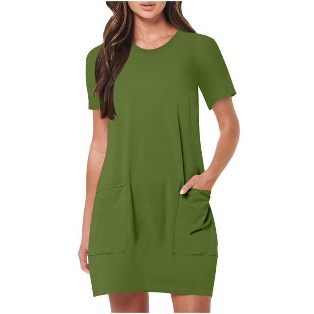 Timegard Robes de Maison pour Femmes Col Ras du Cou Manches Courtes Coupe Ajustée Couleur Unie Décontractée Confortable Robe Poches